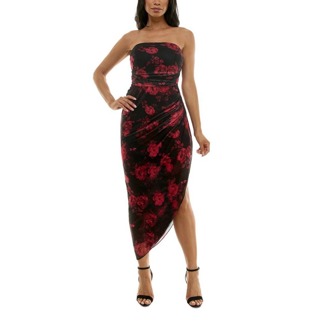 Emerald Sundae Juniors' Strapless Ruched Mesh Bodycon Black/Red Midi Dress